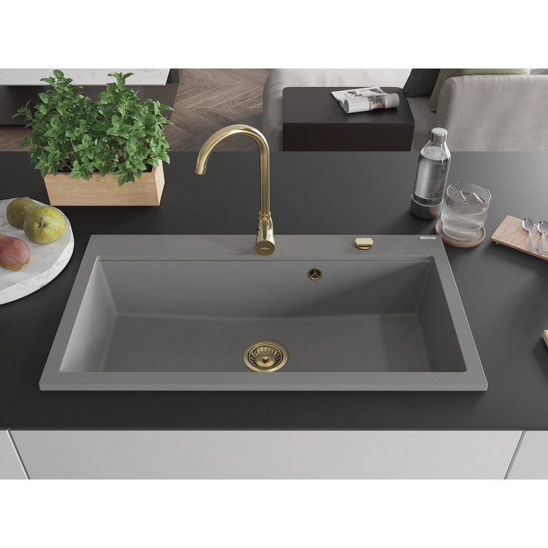 Mexen Slido Granitspüle mit 1 Becken 900 x 500 mm, grau, goldener Siphon - 6528901005-71-G