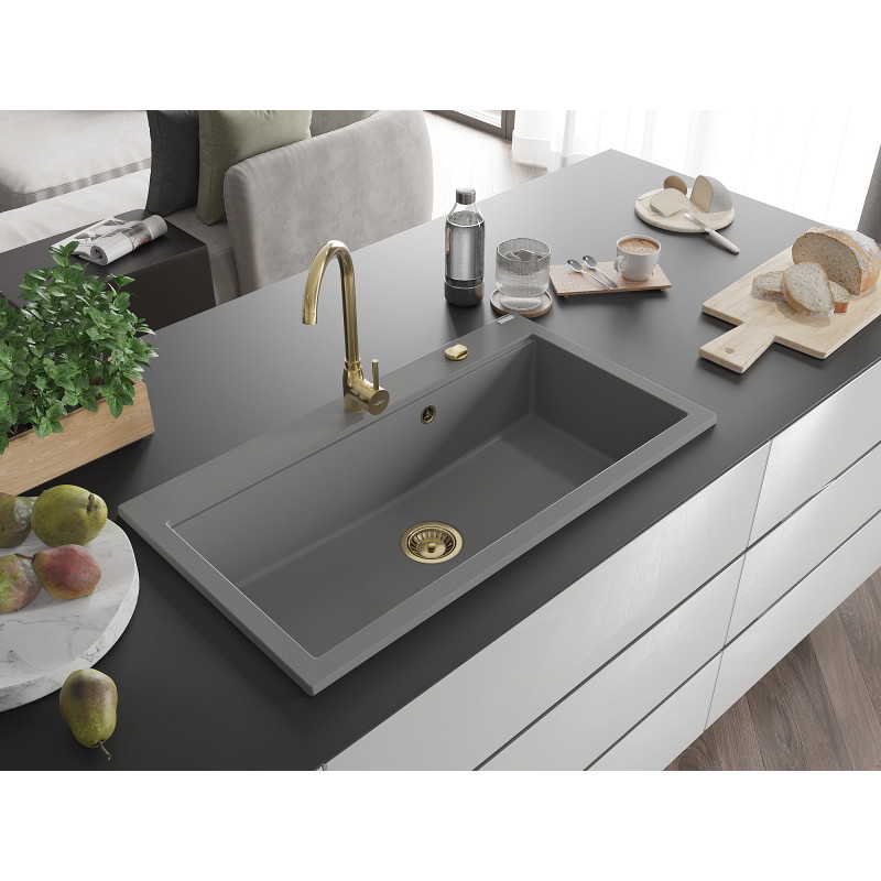 Mexen Slido Granitspüle mit 1 Becken 900 x 500 mm, grau, goldener Siphon - 6528901005-71-G