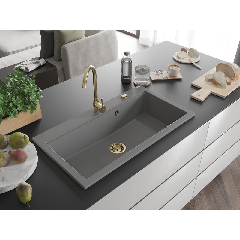 Mexen Slido yksi-kulmainen graniittinen pesuallas 900 x 500 mm, harmaa, kultainen sifoni - 6528901005-71-G