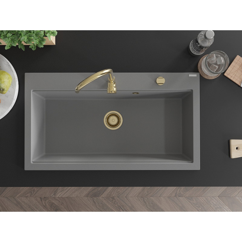 Mexen Slido Granitspüle mit 1 Becken 900 x 500 mm, grau, goldener Siphon - 6528901005-71-G