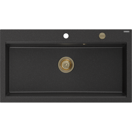 Mexen Slido lava-loiça de granito de 1 cuba 900 x 500 mm, preto/prateado metálico, sifão dourado - 6528901005-73-G