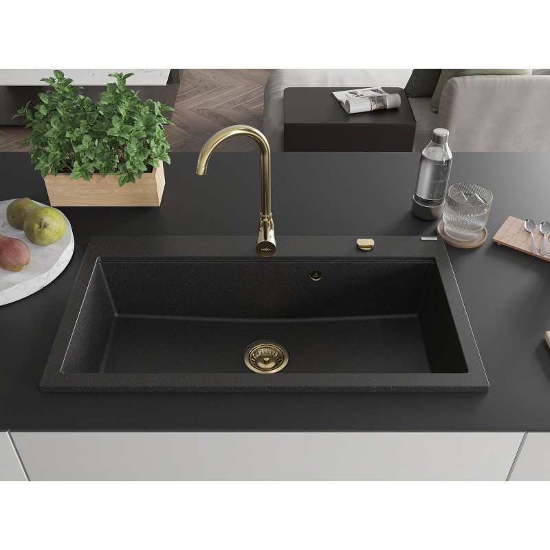 Mexen Slido Granitspüle mit 1 Becken, 900 x 500 mm, schwarz/metallic-silber, goldener Siphon - 6528901005-73-G