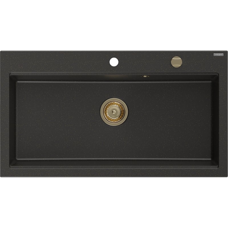 Mexen Slido Granitspüle, 1 Becken, 900 x 500 mm, Schwarz/Goldmetallic, goldener Siphon - 6528901005-75-G