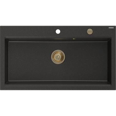 Mexen Slido Granitspüle, 1 Becken, 900 x 500 mm, Schwarz/Goldmetallic, goldener Siphon - 6528901005-75-G