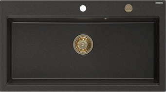 Mexen Slido Granitspüle, 1 Becken, 900 x 500 mm, Schwarz/Goldmetallic, goldener Siphon - 6528901005-75-G