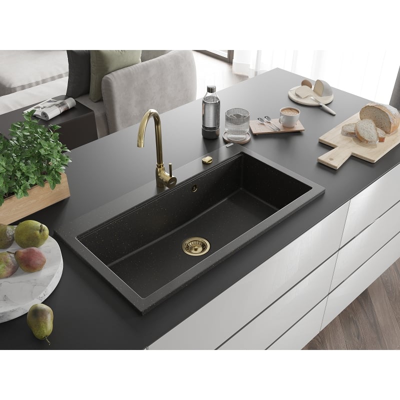 Mexen Slido Granitspüle, 1 Becken, 900 x 500 mm, Schwarz/Goldmetallic, goldener Siphon - 6528901005-75-G