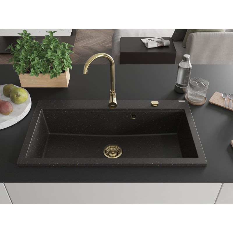 Mexen Slido Granitspüle, 1 Becken, 900 x 500 mm, Schwarz/Goldmetallic, goldener Siphon - 6528901005-75-G