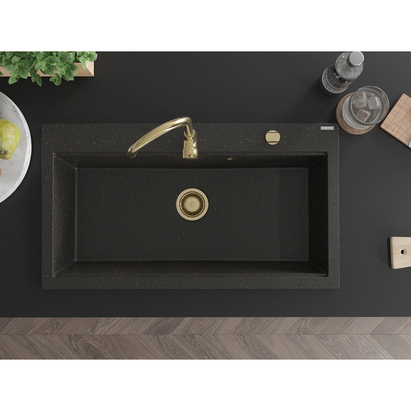 Mexen Slido Granitspüle, 1 Becken, 900 x 500 mm, Schwarz/Goldmetallic, goldener Siphon - 6528901005-75-G