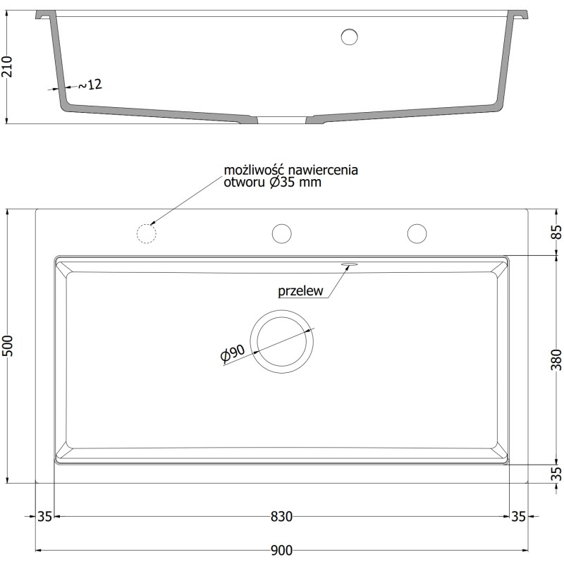 Mexen Slido Granīta izlietne, 1 nodalījums, 900 x 500 mm, melna ar plankumiem, zelta sifons - 6528901005-76-G