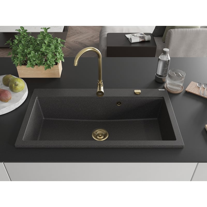 Mexen Slido fregadero de granito de 1 seno 900 x 500 mm, negro moteado, sifón dorado - 6528901005-76-G