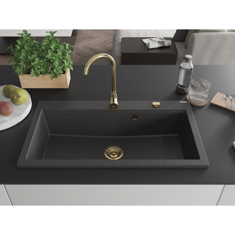 Mexen Slido Granīta izlietne, 1 nodalījums, 900 x 500 mm, melna ar plankumiem, zelta sifons - 6528901005-76-G