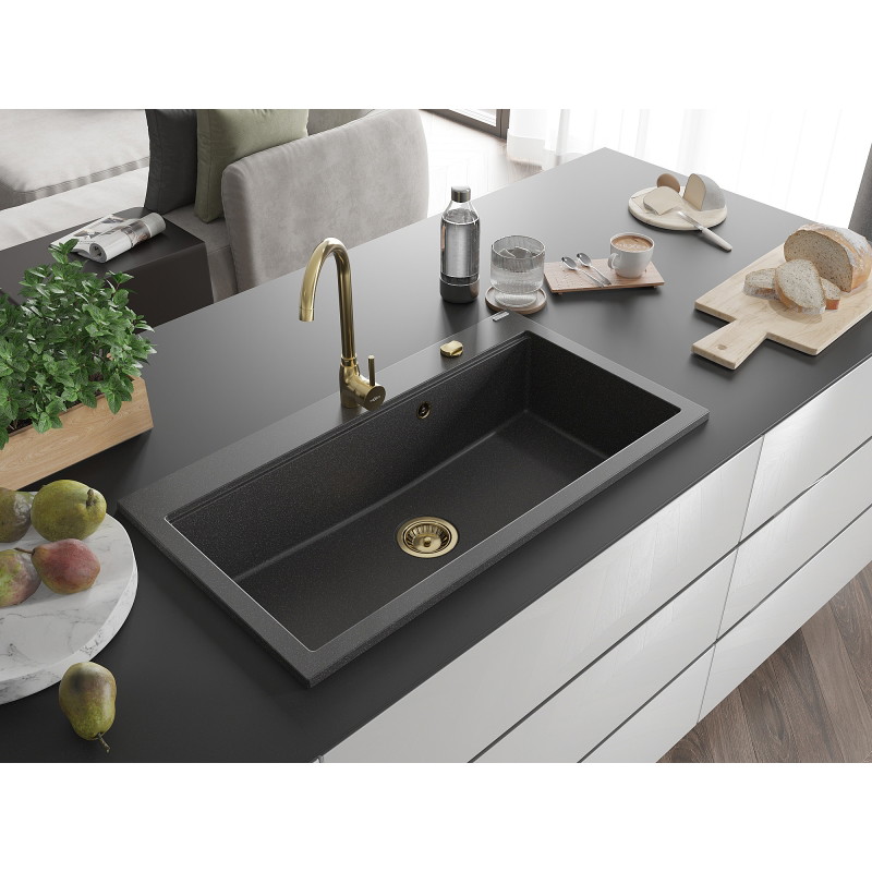 Mexen Slido Granīta izlietne, 1 nodalījums, 900 x 500 mm, melna ar plankumiem, zelta sifons - 6528901005-76-G