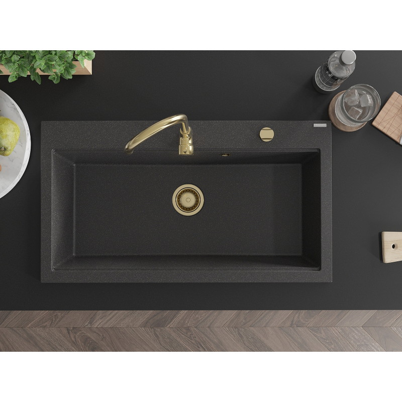 Mexen Slido Granīta izlietne, 1 nodalījums, 900 x 500 mm, melna ar plankumiem, zelta sifons - 6528901005-76-G
