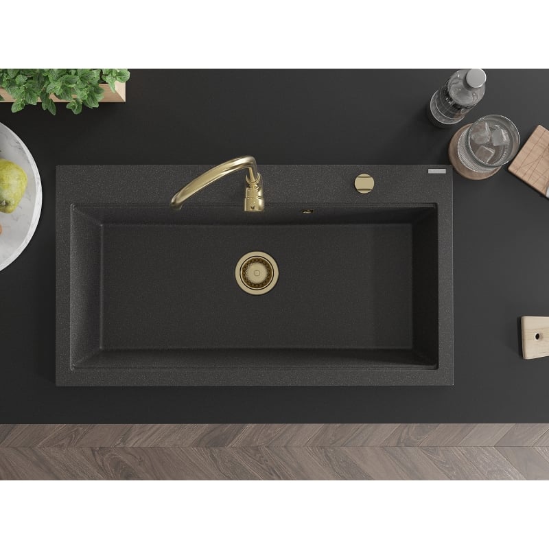 Mexen Slido lavello in granito 1-vasca 900 x 500 mm, nero macchiato, sifone dorato - 6528901005-76-G
