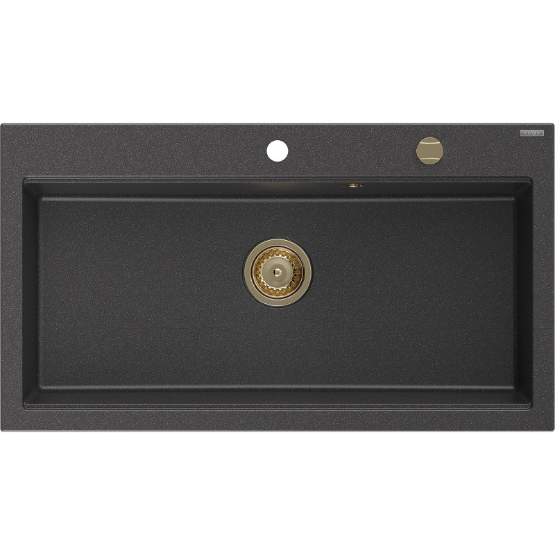 Mexen Slido Granīta izlietne, 1 nodalījums, 900 x 500 mm, melna ar plankumiem, zelta sifons - 6528901005-76-G