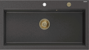 Mexen Slido granīta vienbļodas izlietne 900 x 500 mm, melna ar plankumiem, zelta sifons - 6528901005-76-G