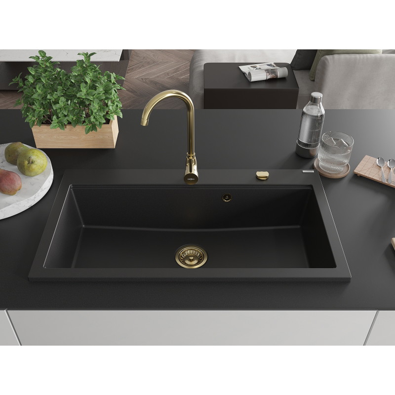 Mexen Slido Granitdiskho med 1 ho, 900 x 500 mm, svart, gyllene vattenlås - 6528901005-77-G