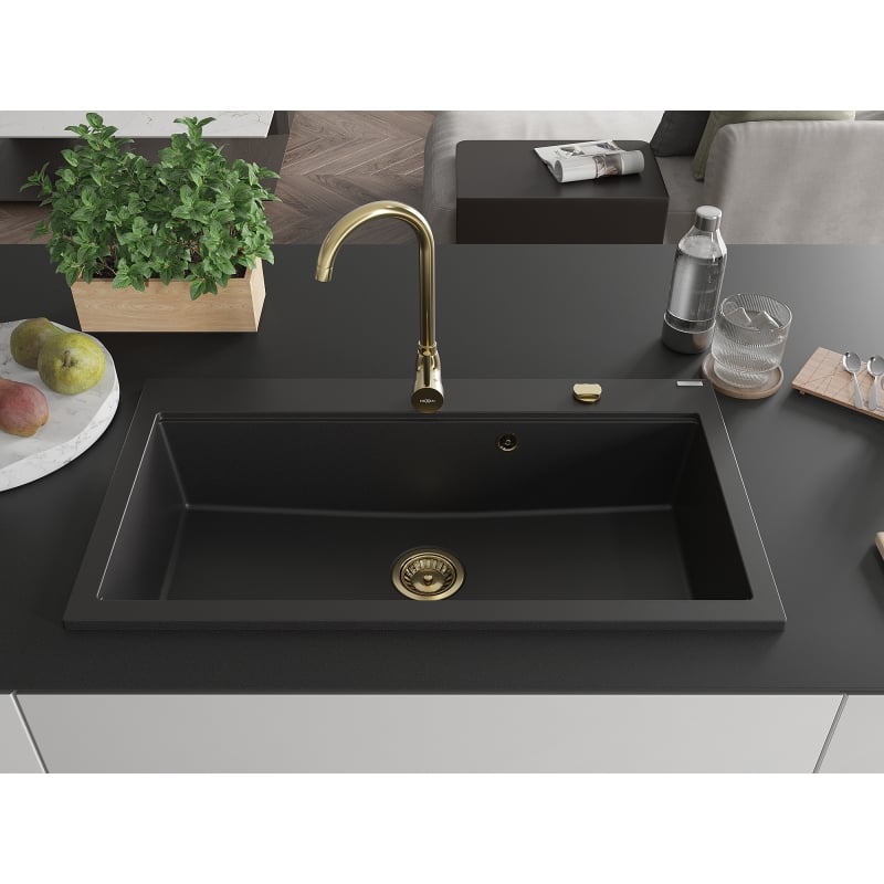 Mexen Slido granitno pomivalno korito z eno komoro, 900 x 500 mm, črno, sifon zlat - 6528901005-77-G