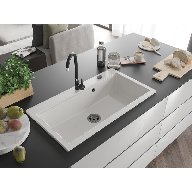 Mexen Slido Graniittinen yksiöinen allas 900 x 500 mm, valkoinen, musta hajulukko - 6528901005-20-B