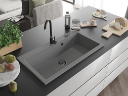 Mexen Slido lava-loiça em granito de 1 cuba 900 x 500 mm, cinzento, sifão preto - 6528901005-71-B