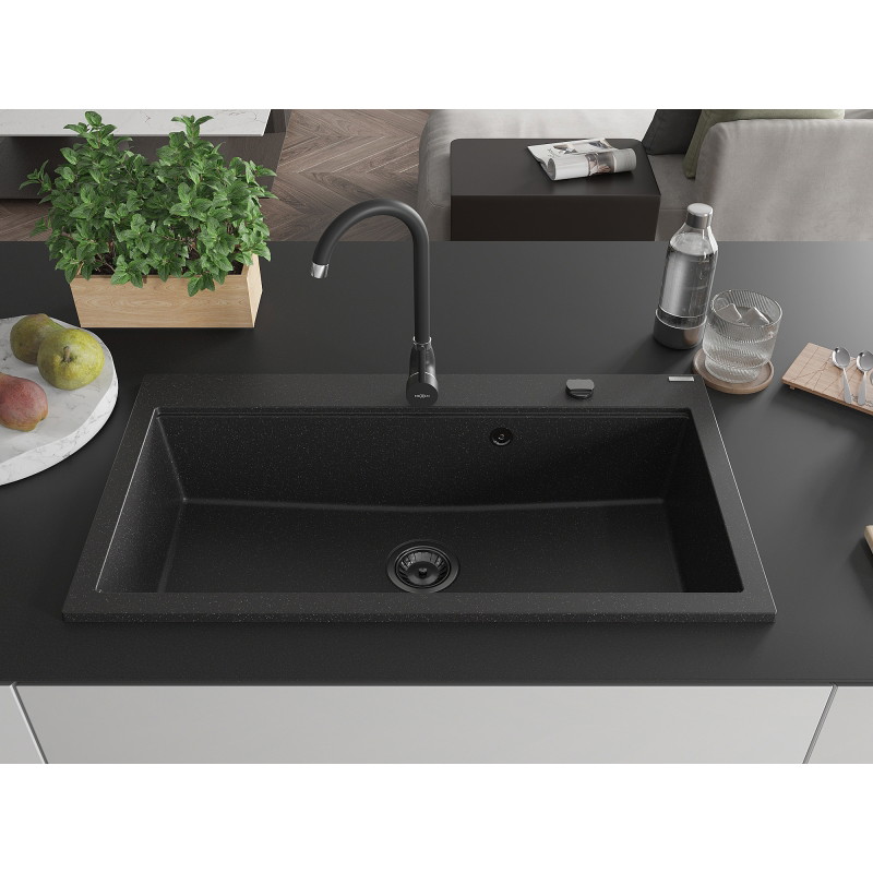 Mexen Slido Granitspüle 1-beckig, 900 x 500 mm, schwarz/metallic-silber, schwarzer Siphon - 6528901005-73-B