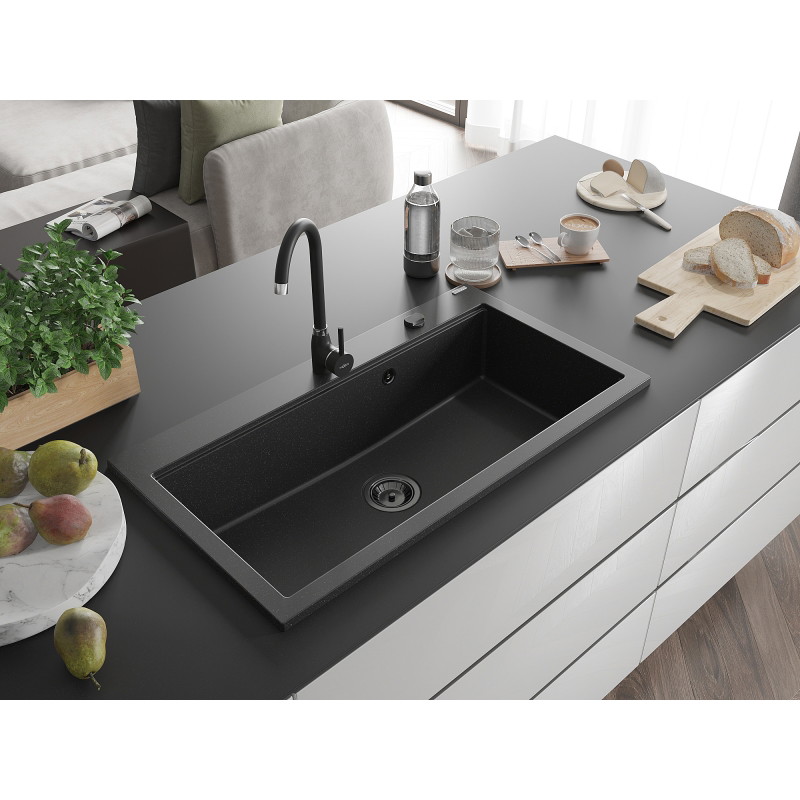 Mexen Slido Granitspüle 1-beckig, 900 x 500 mm, schwarz/metallic-silber, schwarzer Siphon - 6528901005-73-B