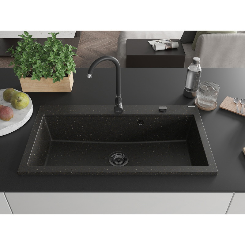 Mexen Slido Graniidist 1-kambriline valamu 900 x 500 mm, must/metallik-kuldne, must sifoon - 6528901005-75-B
