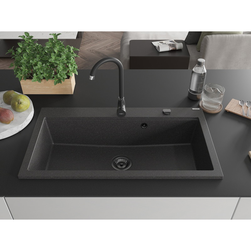Mexen Slido Granitspüle 1 Becken 900 x 500 mm, schwarz gesprenkelt, schwarzer Siphon - 6528901005-76-B
