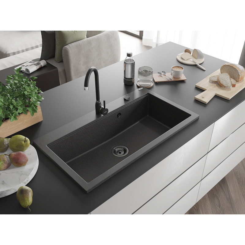 Mexen Slido Granitspüle 1 Becken 900 x 500 mm, schwarz gesprenkelt, schwarzer Siphon - 6528901005-76-B