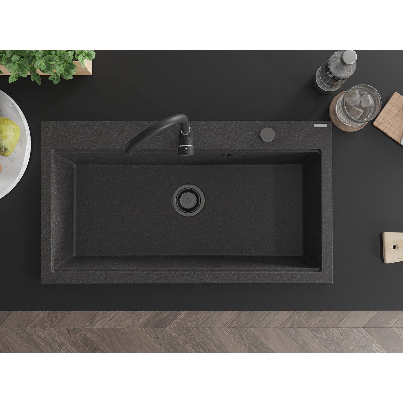 Mexen Slido Granitspüle 1 Becken 900 x 500 mm, schwarz gesprenkelt, schwarzer Siphon - 6528901005-76-B