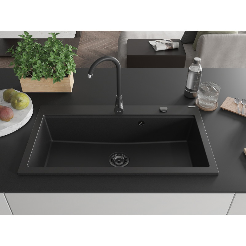 Mexen Slido Granitspüle mit 1 Becken, 900 x 500 mm, schwarz, schwarzer Siphon - 6528901005-77-B