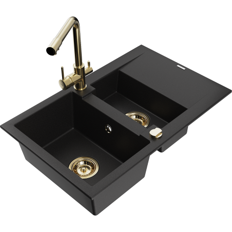Mexen Gaspar granite sink 1.5-bowl with drainer and Duero kitchen tap, black - 6507-77-671600-50