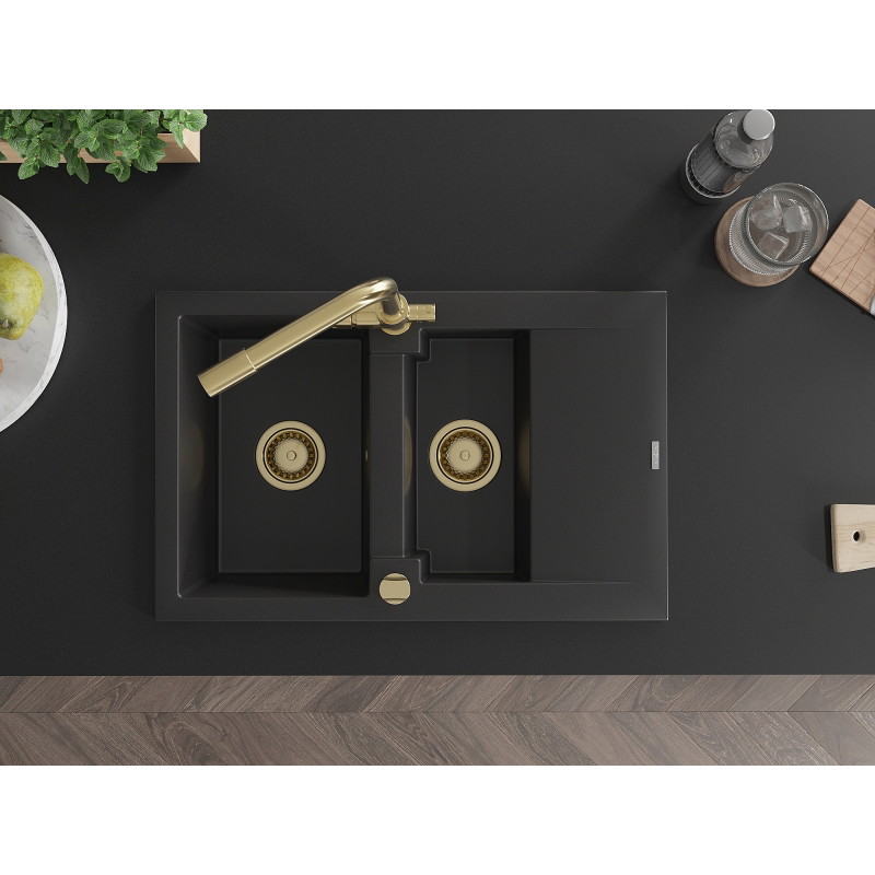 Mexen Gaspar granieten spoelbak 1,5-komorige met afdruiprek en keukenmengkraan Duero, zwart - 6507-77-671600-50