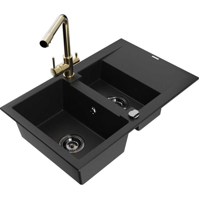 Mexen Gaspar fregadero de granito de 1,5 senos con escurridor y grifo de cocina Duero, negro - 6507-77-671600-50-B