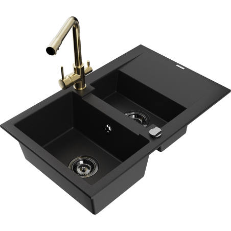 Mexen Gaspar granieten spoelbak met 1,5 bakken, met afdruiprek en Duero keukenmengkraan, zwart - 6507-77-671600-50-B