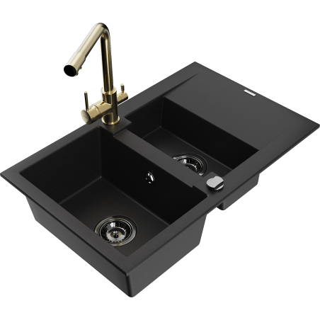 Mexen Gaspar granite sink 1.5-bowl with drainer and Duero kitchen tap, black - 6507-77-671600-50-B