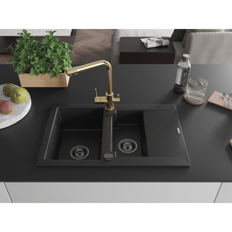 Mexen Gaspar Granitspüle 1,5 Kammer mit Abtropffläche und Küchenarmatur Duero, schwarz - 6507-77-671600-50-B