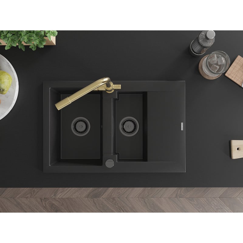 Mexen Gaspar granitdiskho 1,5-fack med avrinning och kökskran Duero, svart - 6507-77-671600-50-B