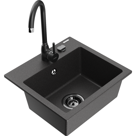 Mexen Milo 1-bowl granite kitchen sink with Telma kitchen tap, black speckled - 66505-76-670200-70-B