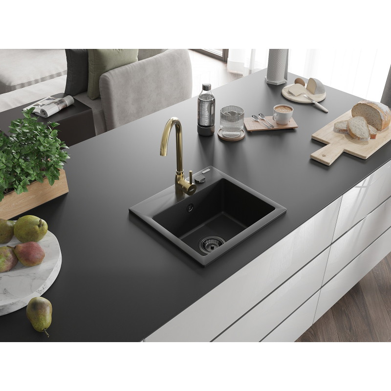 Mexen Milo fregadero de granito de 1 cuenco con grifo de cocina Telma, negro - 6505-77-670200-50-B