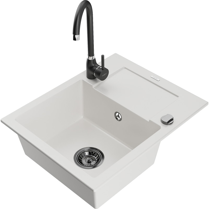 Mexen Enzo fregadero de granito de 1 compartimento con escurridor y grifo de cocina Telma, blanco - 6506-20-670200-70