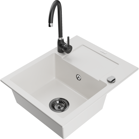 Mexen Enzo 1-bowl granite sink with drainer and Telma kitchen tap, white - 6506-20-670200-70