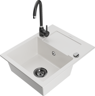 Mexen Enzo granite kitchen sink with 1 bowl and drainer with Telma kitchen faucet, white - 6506-20-670200-70