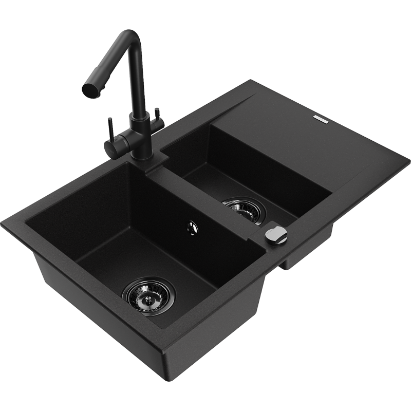 Mexen Gaspar 1,5-Kompartiment Granit-Spullstee mat Drainboard an Kichenhahn Duero, schwaarz - 6507-77-671600-70-B