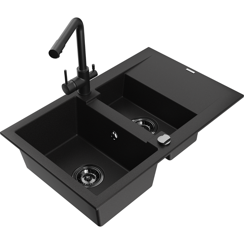 Mexen Gaspar granite sink 1.5-bowl with drainer and Duero kitchen tap, black - 6507-77-671600-70-B
