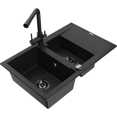 Mexen Gaspar 1,5-Kompartiment Granit-Spullstee mat Drainboard an Kichenhahn Duero, schwaarz - 6507-77-671600-70-B