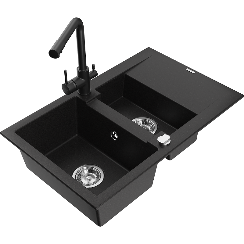 Mexen Gaspar fregadero de granito de 1,5 senos con escurridor y grifo de cocina Duero, negro - 6507-77-671600-70