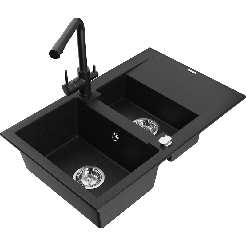 Mexen Gaspar granitā izlietne ar 1,5 bļodām un noteku, un virtuves jaucējkrānu Duero, melna - 6507-77-671600-70