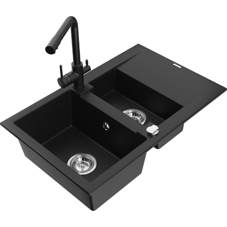 Mexen Gaspar granitā izlietne ar 1,5 bļodām un noteku, un virtuves jaucējkrānu Duero, melna - 6507-77-671600-70