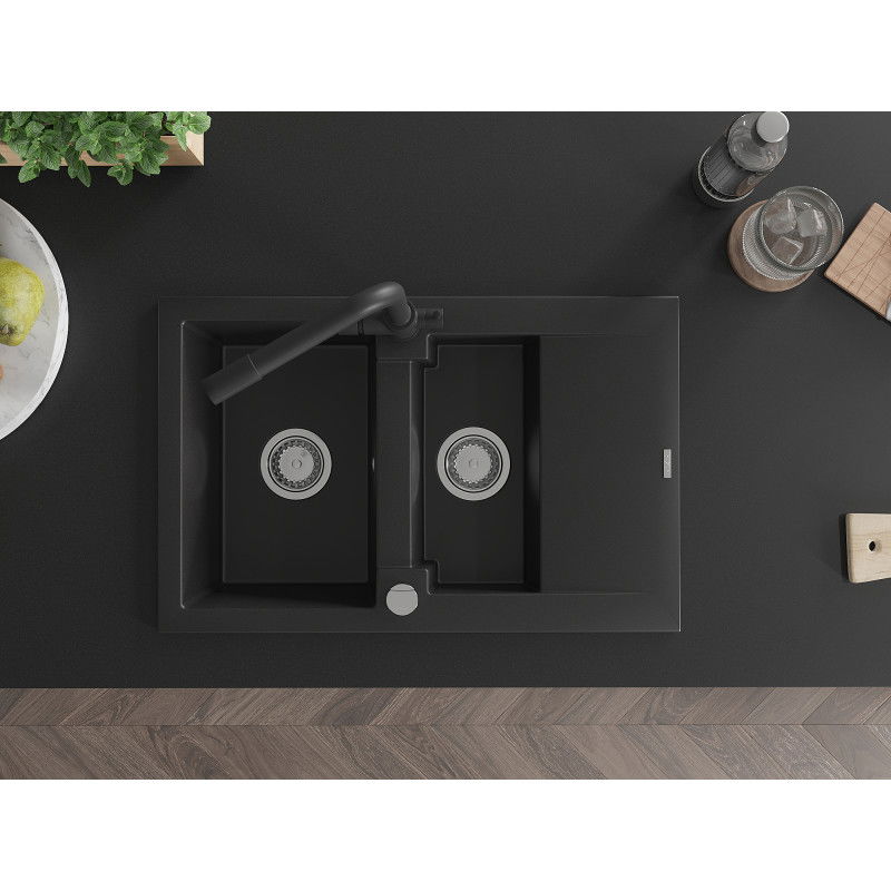 Mexen Gaspar fregadero de granito de 1,5 senos con escurridor y grifo de cocina Duero, negro - 6507-77-671600-70